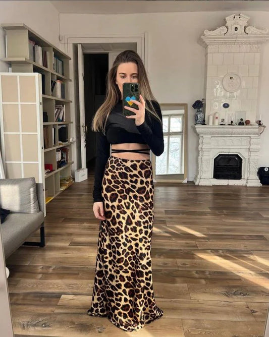 Aleta - Comfortabele Maxi Leopard Satijn Rok voor Dag en Avond Mode