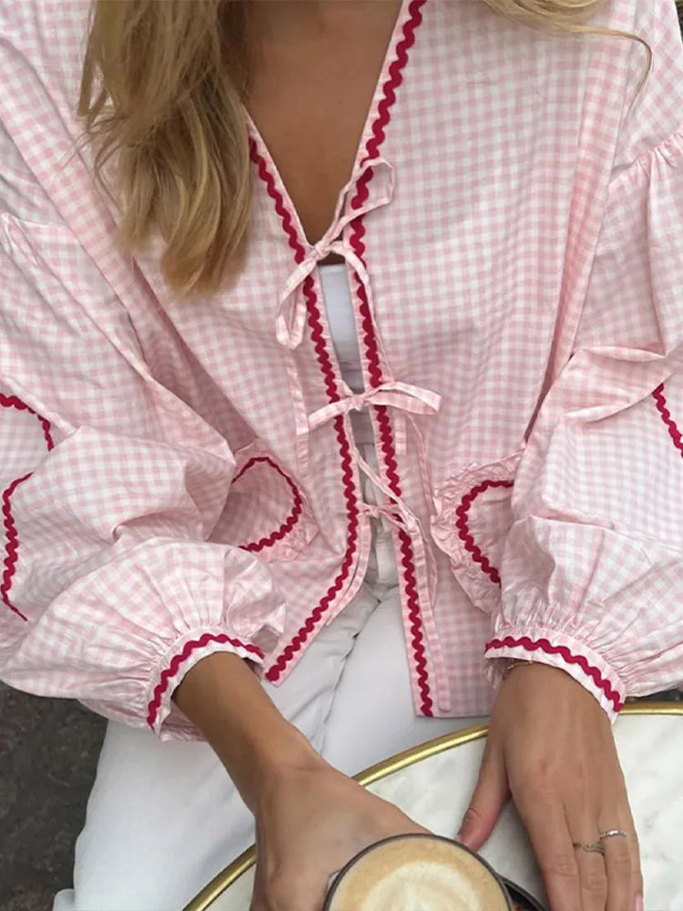 Paige - Plaid Dames Blouse met Rribbons voor Chique Zomerkleding